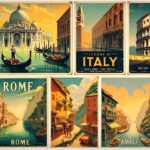 Old Italian Travel Posters Vintage illustrations of Old Italian Travel Posters showcasing Italy's historic landmarks and scenic landscapes