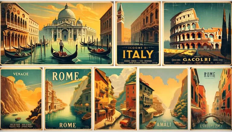Vintage illustrations of Old Italian Travel Posters showcasing Italy's historic landmarks and scenic landscapes