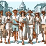 Italian Travelers in August: Light, stylish attire, and comfortable footwear for hot weather
