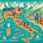 Scenic travel route through Italy showcasing iconic landmarks like Colosseum and breathtaking countryside views